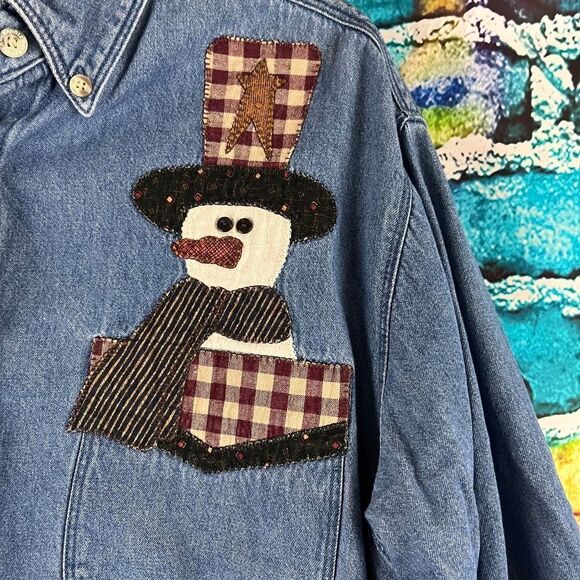Primitive Snowman Denim Button Front Shirt Christmas Winter Wrangler Hero Large - Picture 2 of 7